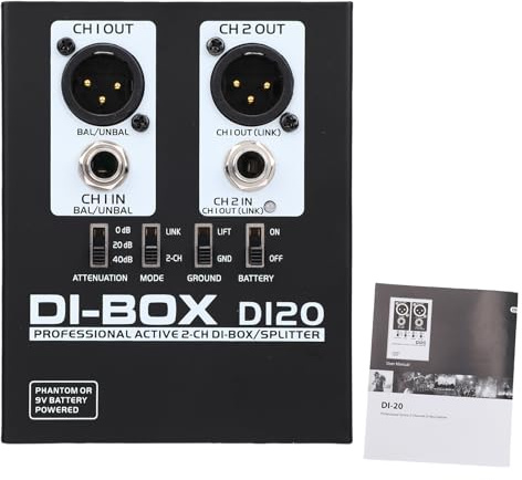 2 Channel Active DI Box, Balanced XLR TRS Metal Stereo Direct Box Direct Injection Signal Impedance Converter Noise Eliminator for Guitar Speaker Up to 3000W Metal Case