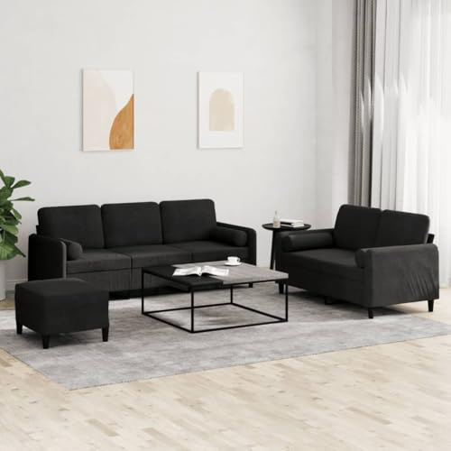 Ordellia 3-TLG. Sofagarnitur, Schwarz Samt, mit Rollkissen & Fußhocker, Robustes Metallgestell, Bequemes Sitzerlebnis für Wohnzimmer & Zuhause
