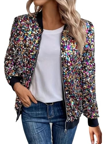 Pailletten Jacke Damen Glitzer Bomberjacke Pailettenjacke mit Reißverschluss Elegant Langarm Jacken Slim Fit Frühling Cardigan Festliche Disco Mantel Casual Streetwear Party Outfit Für Rave Karneval