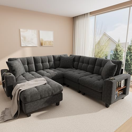 TIZZ U-förmiges XXL-Modulares Ecksofa, 6-Sitzer Chenille-Sofa mit Bücherregal-Armlehnen, beweglichem Hocker für L- und U-Form, Becherhalter & USB-/USB-C-Anschlüsse – ideal fürs Wohnzimmer, Grau