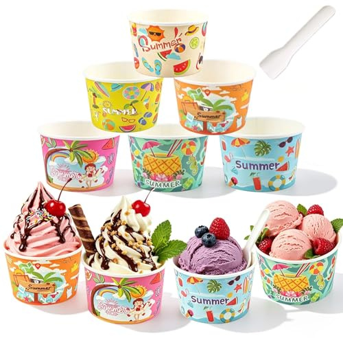 XIMEY Pappkoppar 60 stycken 180ml, Pappbehållare för Glass med Sked, Dessertkoppar av Papper, Glasskop, Engångs Papperskålar för Glass, Desserter, Yoghurt (D)