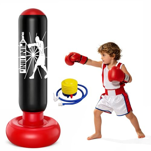 MeYuxg Boxningssäck för barn, 160 cm, stående boxningssäck med fotpump, PVC, uppblåsbar barnboxningssäck för pojkar och flickor, perfekt för karate, kickboxning, taekwondo, MMA träning (svart)