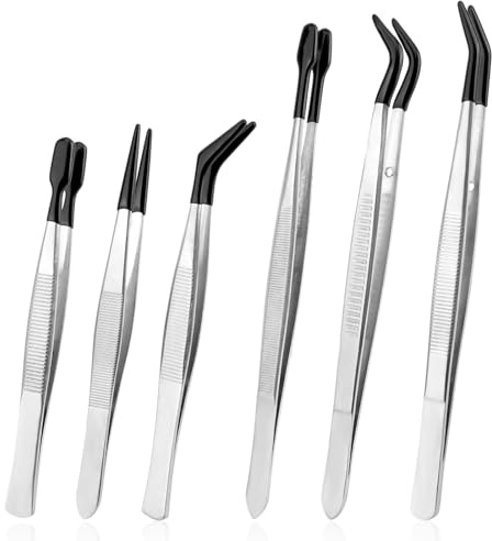Tweezers Set, Plastic Coated Stainless Steel Craft Tweezers, Precision Tools for Crafting and Lash Application, Long Pointed Design in Six Sizes from 10.8 Cm to 15.7 Cm