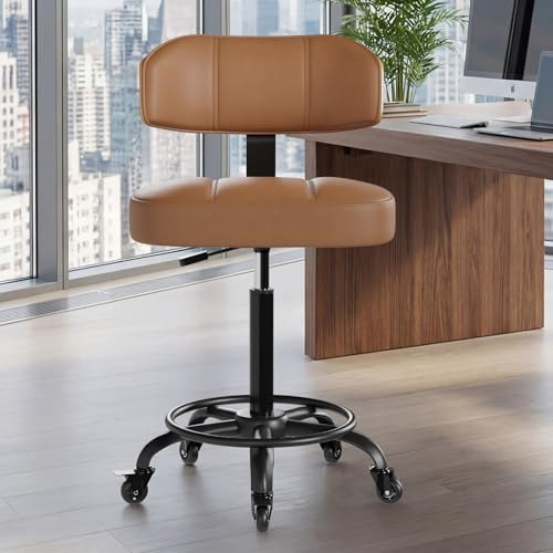 BERYTH Rollhocker HöHenverstellbar, Bürohocker Ergonomisch,Arbeitshocker, Drehhocker 360°,Mit Massivholz Rückenlehne Pu-Sitzpolsterung Für Spa Zeichnung Salon Arbeit Büro Bar Studio Labor Brown