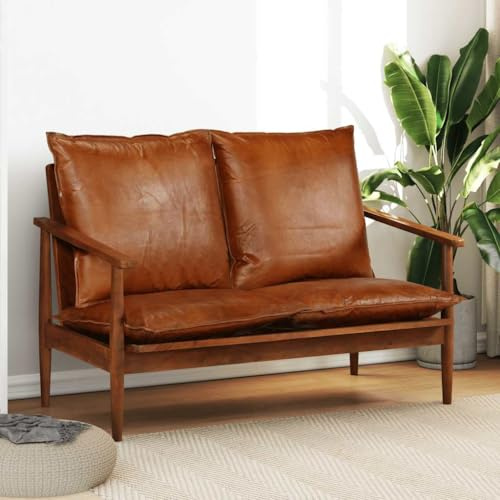 Kaloriko 2-Sitzer-Sofa Echtleder Braun mit Akazienholzrahmen, 116x69x74 cm, Zweisitzer Couch für Wohnzimmer und Gästezimmer, Polstergarnitur mit Vintage-Charme und bequemer Sitzfläche
