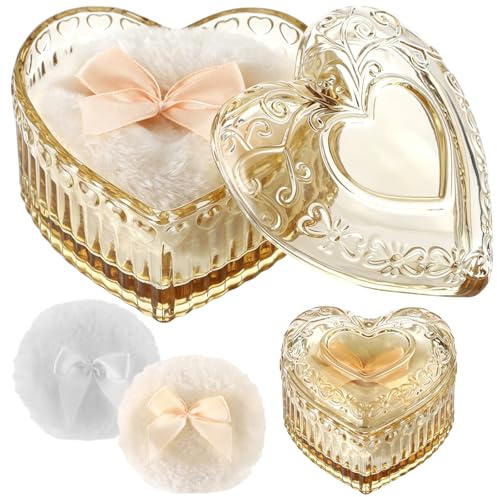 Lot de 3, houppettes à poudre grand format, pot en verre en forme de cœur jaune, avec houppettes en peluche douces, lavables et réutilisables, déco coquette pour maquillage humide et sec