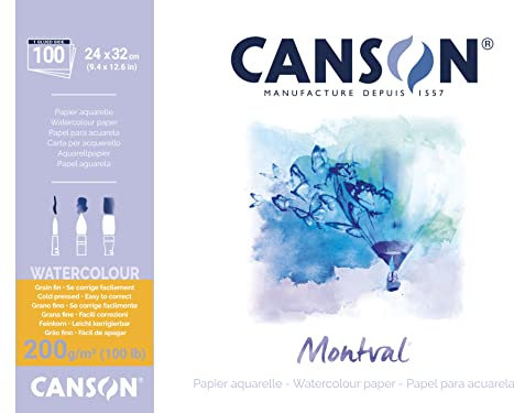 Canson 200807353 AQ Montval fein Aquarelle, 200 g/qm, 100 Blatt pro Block an der langen Seite geleimt, 24 x 32 cm, weiß