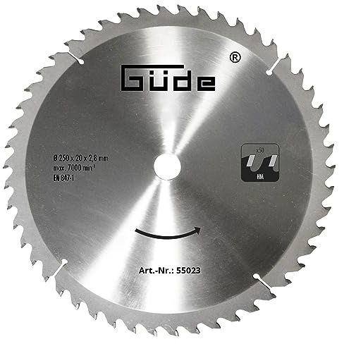 Güde 55023 Holzsägeblatt HM 250x20x50Z (aus Hartmetall, 25 cm Durchmesser, 2 cm Sägeblattbohrung, 50 Zähne, 2,8 mm Sägeblattstärke, für max. Schnitte mit bis zu 7000 1/min)