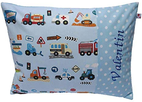 TryPinky® Handmade Kissenbezug 30 X 40 cm  Autos auf Hellblau  mit Name Namensstick Kinderkissen Namenskissen Kissen zur Geburt 100% Baumwolle