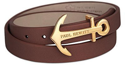 PAUL HEWITT Damen Wickelarmband North Bound aus Leder in Braun und Anker aus Edelstahl in Gold Armband-Länge 42,5 cm
