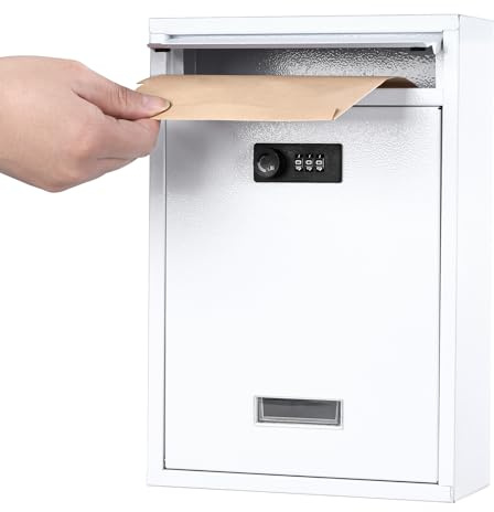 KYODOLED Locking Wall Mount Mailbox, Mail Boxes with Combination Lock for Outside, Security Cash Key Letter Drop Box with Code for House Office School,12.4H x 8.54L x 3.35W Inches, White