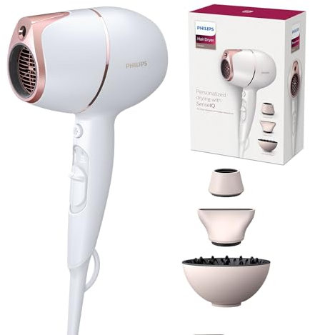 Philips Haartrockner Prestige - Personalisierte SenseIQ-Technologie zum Schutz vor Überhitzung, Infrarotsensor, Ionen-Technologie, inkl. Diffusor & Stylingdüsen (Modell BHD628/00)