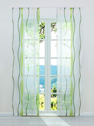 ESLIR Schiebegardinen Set 2er Flächenvorhänge Gardinen mit Klettband Schiebevorhang Transparent Vorhang mit Wellen Druck Voile Grün BxH 57x225cm 2 Stück