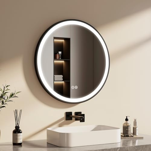 EMKE Badspiegel Rund Schwarz 70 cm, 3 Lichtfarben | Badspiegel mit Beleuchtung und Touchschalter, Dimmbare, Speicherfunktion, Runder Spiegel