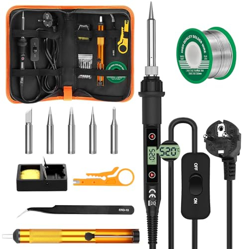 Lötkolben Set 80W LCD Temperatur Einstellbar 180~520°C Lötkolben mit Schalter, 15 Sek. Schnelles Aufheizen, 50g Bleifreier Lötdraht, 5 Lötspitzen, Entlötpumpe, Lötkolbenständer, Pinzette, Lötset