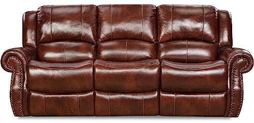Hanover Aspen 100% Genuine Leather Double-Reclining Sofa, Small Couch with Nailhead Trim, Plush Deep-Seating Couches for Living Room, Den, or Man Cave, Oxblood