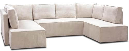 Beautysofa - Ecksofa mit Schlaffunktion - Sofa mit praktischer Aufbewahrungsbox - Sofa aus geripptem Veloursstoff POSO - Relaxsofa für das Wohnzimmer - 300x195x90cm - Beige (Poso100)
