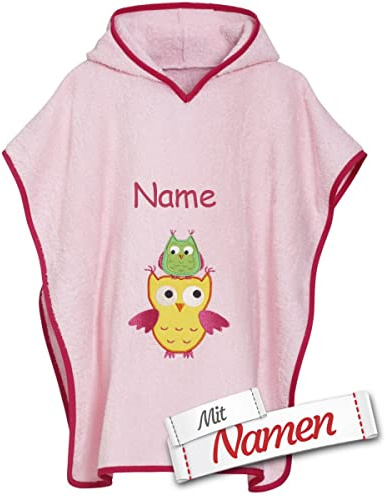 LALALO Bade Eule Poncho bestickt mit Namen für Baby & Kinder, Mädchen, Badetuch, Badeponcho, Kapuzenbadetuch, 100% Baumwolle