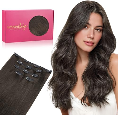 WENNALIFE Clip in Extensions Echthaar, 75g 5pcs 35cm Dunkel Braun Extensions echthaar in Remy Clip in Extensions Natürliche Haarverlängerung Echthaar