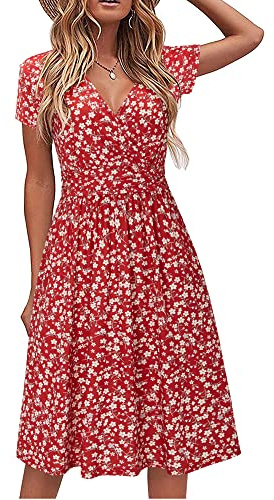 STYLEWORD Women's Summer Dress Short Sleeve V-Neck Sundress Floral Wrap Waist Casual Dress with Pockets