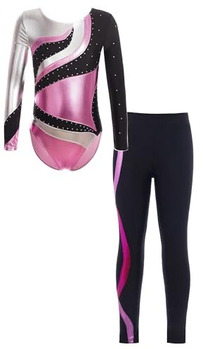 Doomiva Glitzer Turnanzug Mädchen Strass Gymnastikanzug Langarm Ballett Trikotanzug Tanzkostüme Sport Leotard Und Leggings Rosa 134-140