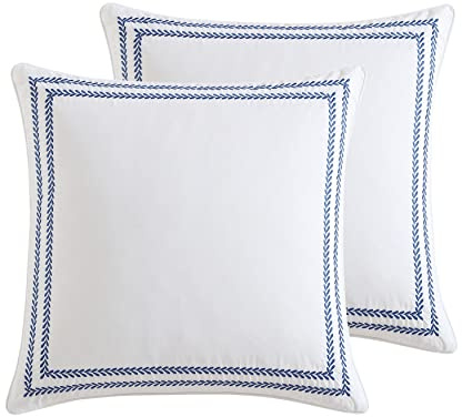 Laura Ashley - Euro Shams, 100% Smooth Cotton with Envelope Closure, Throw Pillow Cover for Bed or Couch, Oeko-Tex Certified, Set of 2 (Stitched Vine Blue, 26 x 26)