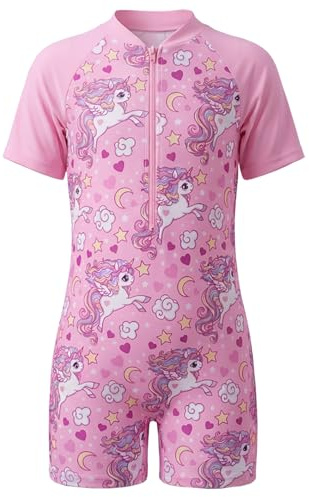 Moneric Traje de baño de una pieza para niñas, traje de baño de unicornio, protección UV, con cremallera, protector de erupción para surf, ropa de playa, S007-rosa, 9-12 años