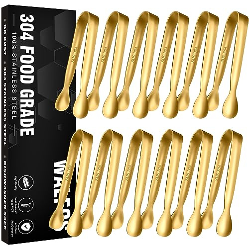 Walfos Small Gold Tongs For Serving,Food Grade Stainless Steel 4 Mini Tongs Appetizers for Parties Catering, Sugar，Desserts，Tea Party, Coffee Bar, Set of 12 （Gold）