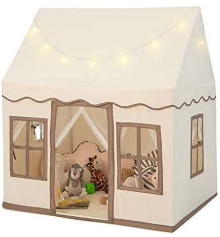COSTWAY Kids Play Tent, Indoor Large Playhouse with Star Lights, Non-slip Mat and Windows, Castle Fairy Tents for Children Boys & Girls Gift (Beige+Coffee)