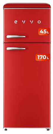 EVVO Frigorífico 2 puertas, Estilo Retro, Refrigerador 170 litros, Congelador 45 Litros, Diseño Vintage, Cajón Crisper Zone, Libre de Gas CFC, Silencioso. F45 Color Rojo