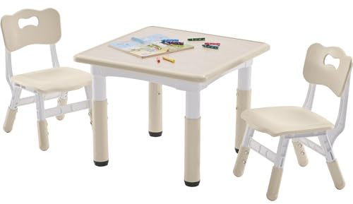 DOREROOM Kids Table and 2 Chairs Set, Height-Adjustable Toddler Table and Chairs Set with Graffiti Desktop, 23.6''L x 23.6''W Children Activity Table for Daycare, Classroom, Home, Burlywood-w