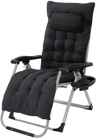 Hauki Tumbona Plegable Negra Sillón con Cojín Cervical Ajustable y Portabebidas Asiento Extra Grande Resistene a la Intemperie Mobiliario Relax de Jardín Exterior con Respaldo