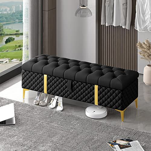 Ottomane Hocker Fußhocker für Wohnzimmer, Schlafzimmer - Sitzstuhl Fußhocker mit Stauraum Lange Schuhbank Pu-Leder Fußstütze Hocker mit gepolstertem Sitz/Schwarz/80 * 40 * 45 cm