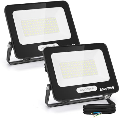 Aigostar 50W Led Floodlight Outdoor, 4500LM Spot Lights Outdoor, Waterproof IP65, 6500K Daylight White Outside Lights Main Powered, Flood Light for Warehouse, Backyard, Pack of 2