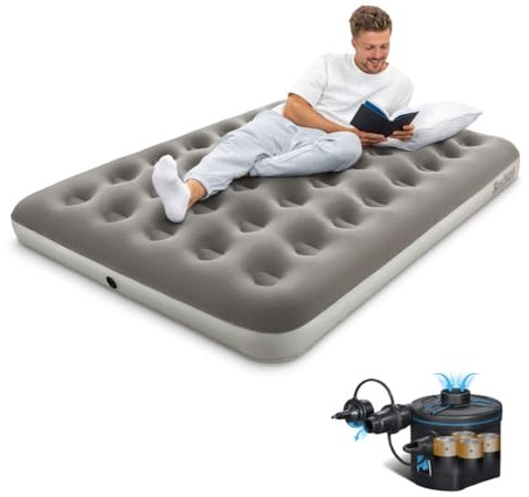 Bestway Premium Camping Double Airbed with Cordless Battery Pump, Single Flocked Inflatable Bed Portable, Air Mattress, Outdoor Camping Air Bed