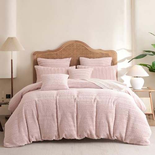 Covebett Bettwäsche Winter Plüsch 135x200 Rosa Gestreift Flanell Warme Weich Cashmere Touch Winterbettwäsche Flauschig Fleece Bettbezug mit Reißverschluss und 1 Kissenbezug 80x80