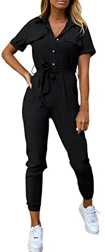 Overalls Rompers with Open Legs Women's Short Sleeve Cropped Coverall Button Down Tie Waist Cargo Jumpsuit Boiler Suit Women Black