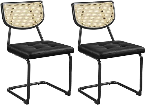 Yaheetech Juego de 2 Sillas de Comedor de Ratán Tejido de Mediados de Siglo Sillas de Cocina Asiento Acolchado Pata de Metal para Cocina Salón Piel sintética, Negro