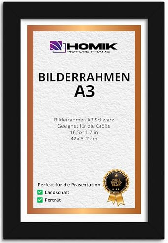 HOMIK Bilderrahmen A3 | 2 x A3 Rahmen mit Acryl-Sicherheitsglas, Bilderrahmen in DIN A3 | Fotorahmen Innendekoration Schwarz | Ideal zum Verschenken und Aufhängen an der Wand