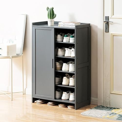 Zapatero De Entrada Con Puertas Correderas,Gabinete De Almacenamiento De Zapatos De Bambú De 5 Niveles Organizador De Zapatos Independiente,Moderno Zapatero For Pasillo Sala De Estar(Gray,60x32x93cm(2