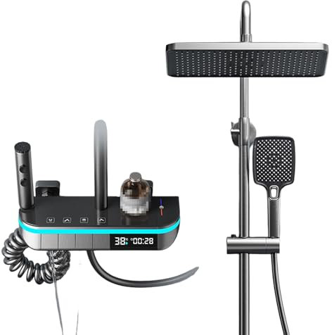 HNVBDOPAE Thermostatic Shower System, Modern Shower Head Set with Piano Key, Digital Display, Rain Shower Faucet Sets Complete and Handheld, Tub Faucet, Height Adjustable-White,Tatic/Gray, Black, Tati