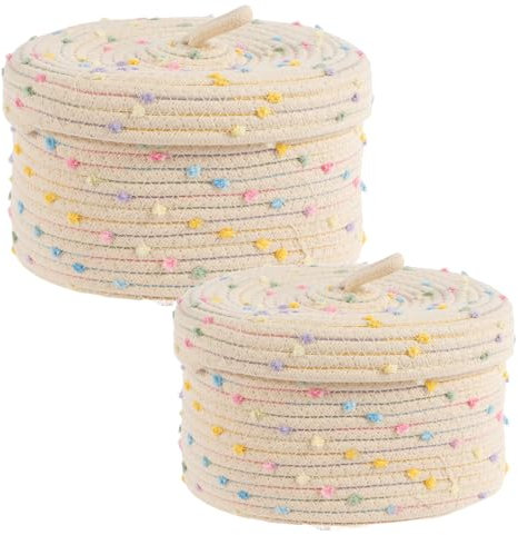 Lot de 2 paniers avec couvercle en corde de coton tressé avec couvercle - Corde en coton tressé avec couvercle - Panier de rangement pour articles de toilette, jouets, divers articles (couleur)