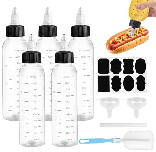 5 Stück Quetschflasche 110ml, Leere Squeeze Flasche mit Drehverschluss Skala, Kunststoff Dosierflasche mit Trichtern Aufkleber Reinigungsbürste Stift, Squeeze Bottle für FlüSsige Gewürze Sauce Öl