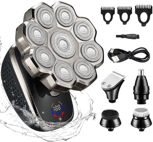 Rasoirs pour Hommes,Rasoirs 9D pour Hommes Chauves,Rasoirs Électriques 5 en 1 Améliorés (2025) Avec 9 Têtes Rotatives,Tondeuse pour Poils du Nez et Favoris,Kit de Toilettage Étanche Humide/Sec