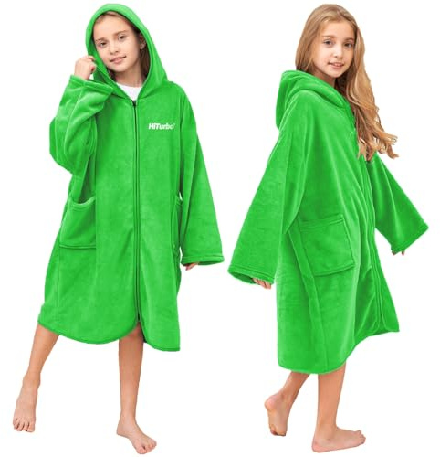 Hiturbo Kids Bath Towel Hoodie: Soft Plush Zipper Surf Poncho - Warm Fleece Changing Towels Swimming Outerwear (Green)