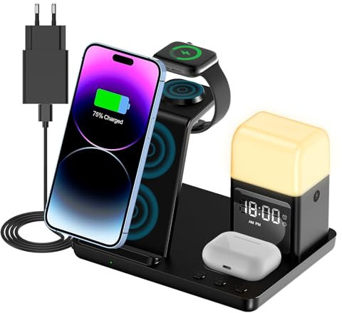 Chargeur sans Fil 6 en 1, Chargeur Induction Rapide certifié Qi 15W avec Affichage de l'heure, Veilleuse et Réveil pour iPhone 16 15 14 13 12 Pro Max Apple Watch Airpods Samsung Xiaomi Redmi Google