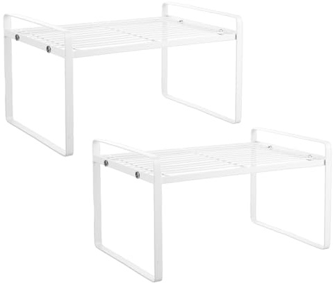 CYEER White Kitchen Cupboard Organiser Set of 2, 33x21x18.5cm Cupboard Storage Organiser Shelf, Stackable Cabinet Shelf Organiser Suitable for Home and Kitchen Storage