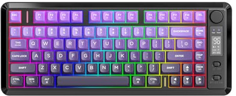 FREEWOLF M75 Tastiera wireless dual-mode, Bluetooth+2.4G, controllo tramite manopola e display, 82 tasti compatti PBT con gradiente, luce arcobaleno,QWERTY, anti-ghosting completo per Mac/Win-Viola