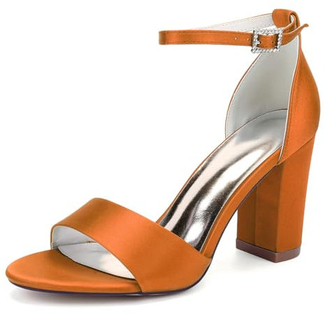 Donna Punta Aperta Wedding Pump Tacchi Alti Grossi Scarpe da Sera Cinturino alla Caviglia Fibbia Sera Feste Scarpe da Sposa Raso Sandali Giornalieri,Arancia,39 EU
