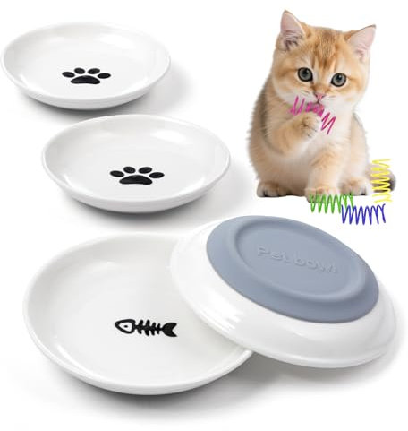 Cat Bowls Ceramic Cat Food Bowl - 4 Shallow Kitten Bowls, Whisker Fatigue Cats Dishes for Wet Dry Food and Water, 15cm Wide Pet Feeding Plates for Cats and Dogs, Non-Slip Base, with 4 Cute Spring Toys